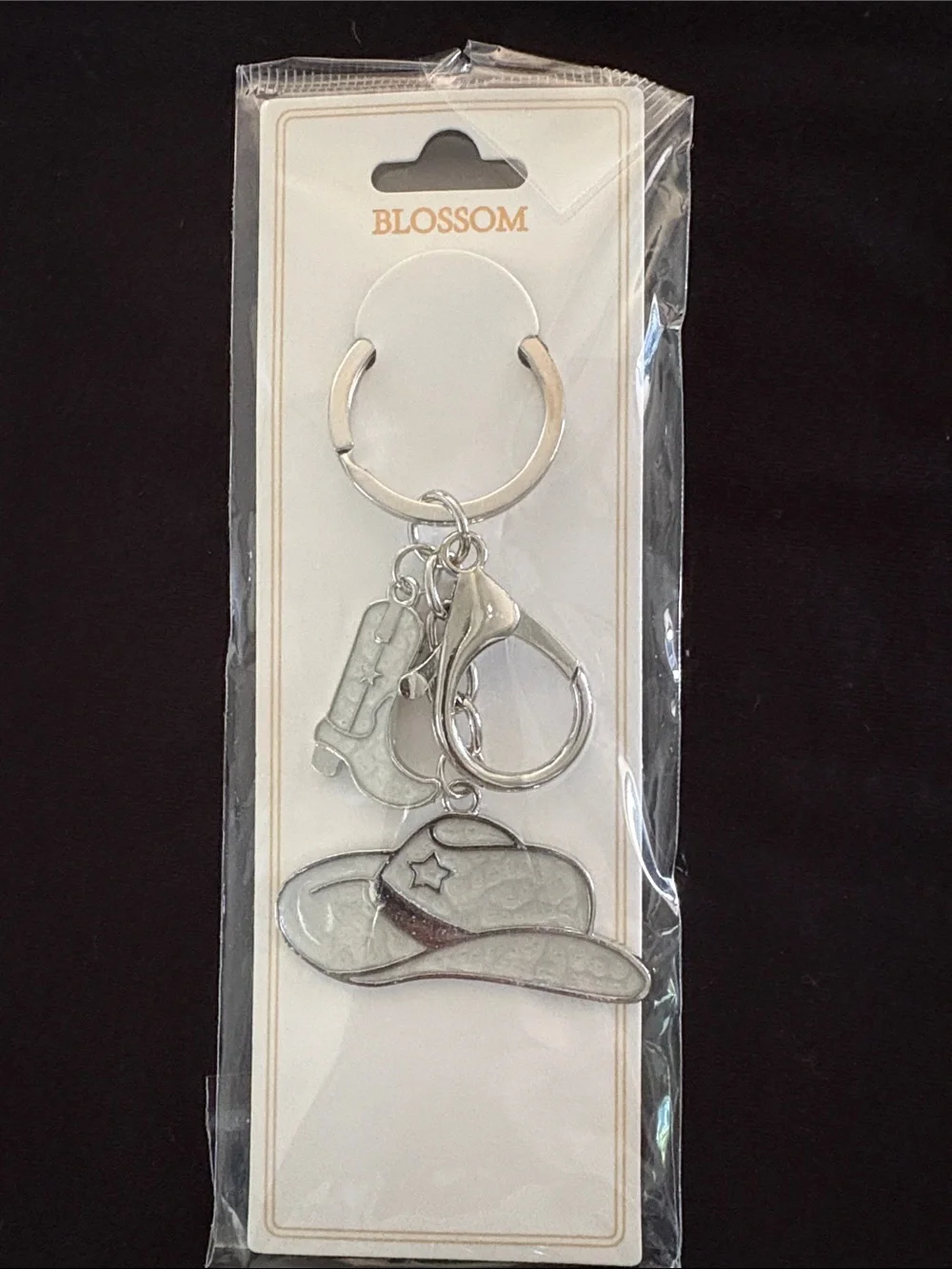 Silver and White Cowboy Hat & Boot Keychain Bag Charm - Silver Tone
